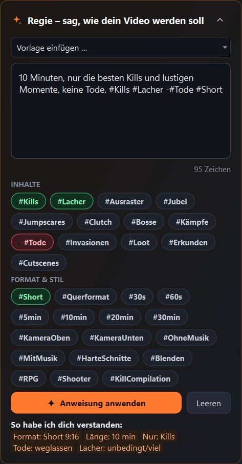Die Regie-Karte mit Anweisung und Hashtags