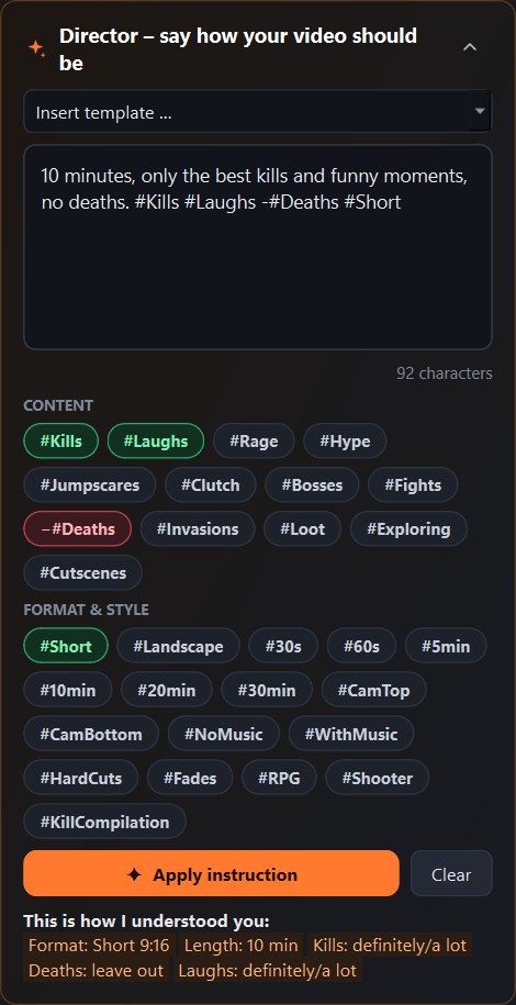 The director panel with an instruction and hashtags