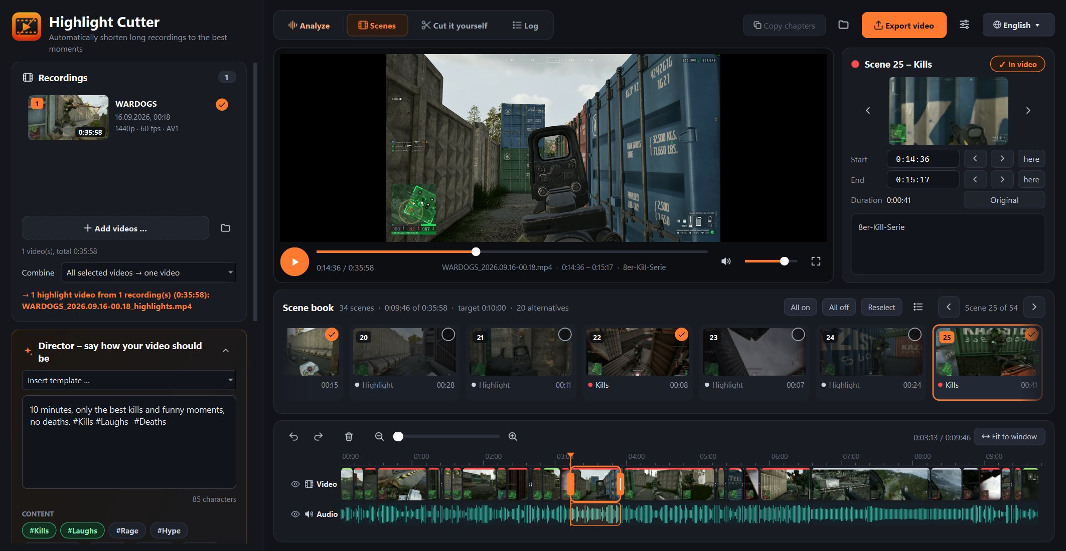 Highlight Cutter with a shooter recording: recordings, preview, scene book and timeline