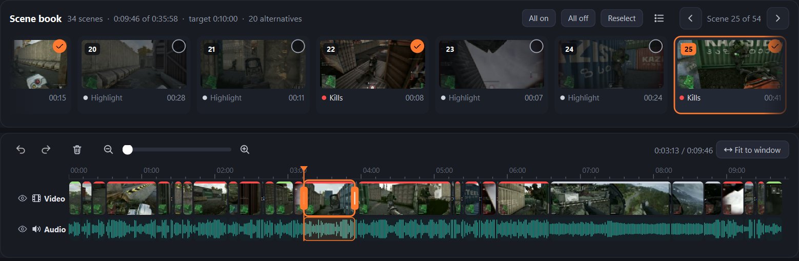 Scene book and timeline with filmstrip and waveform